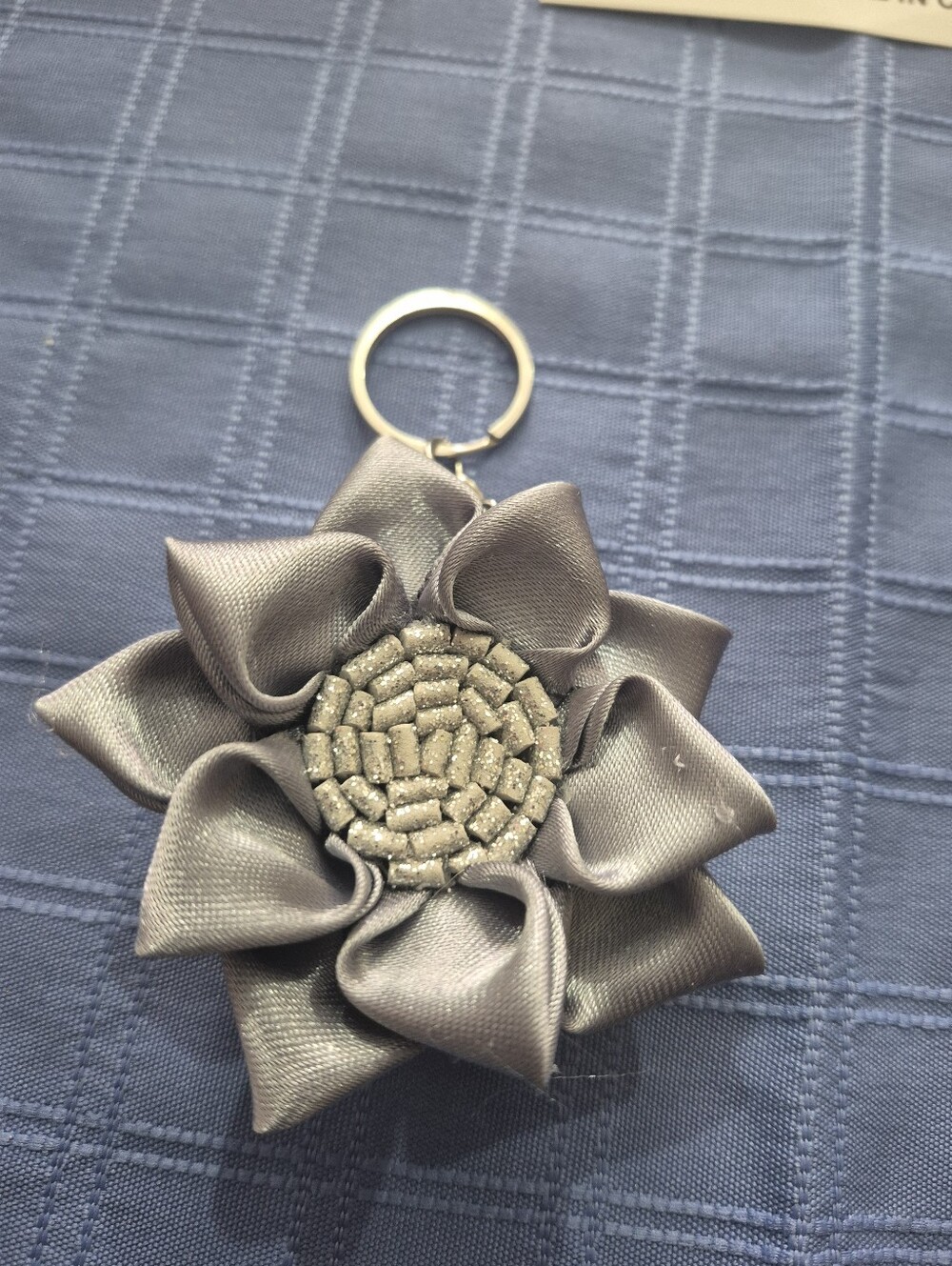 Decorative Satin Flower Keychain - Silver Gray